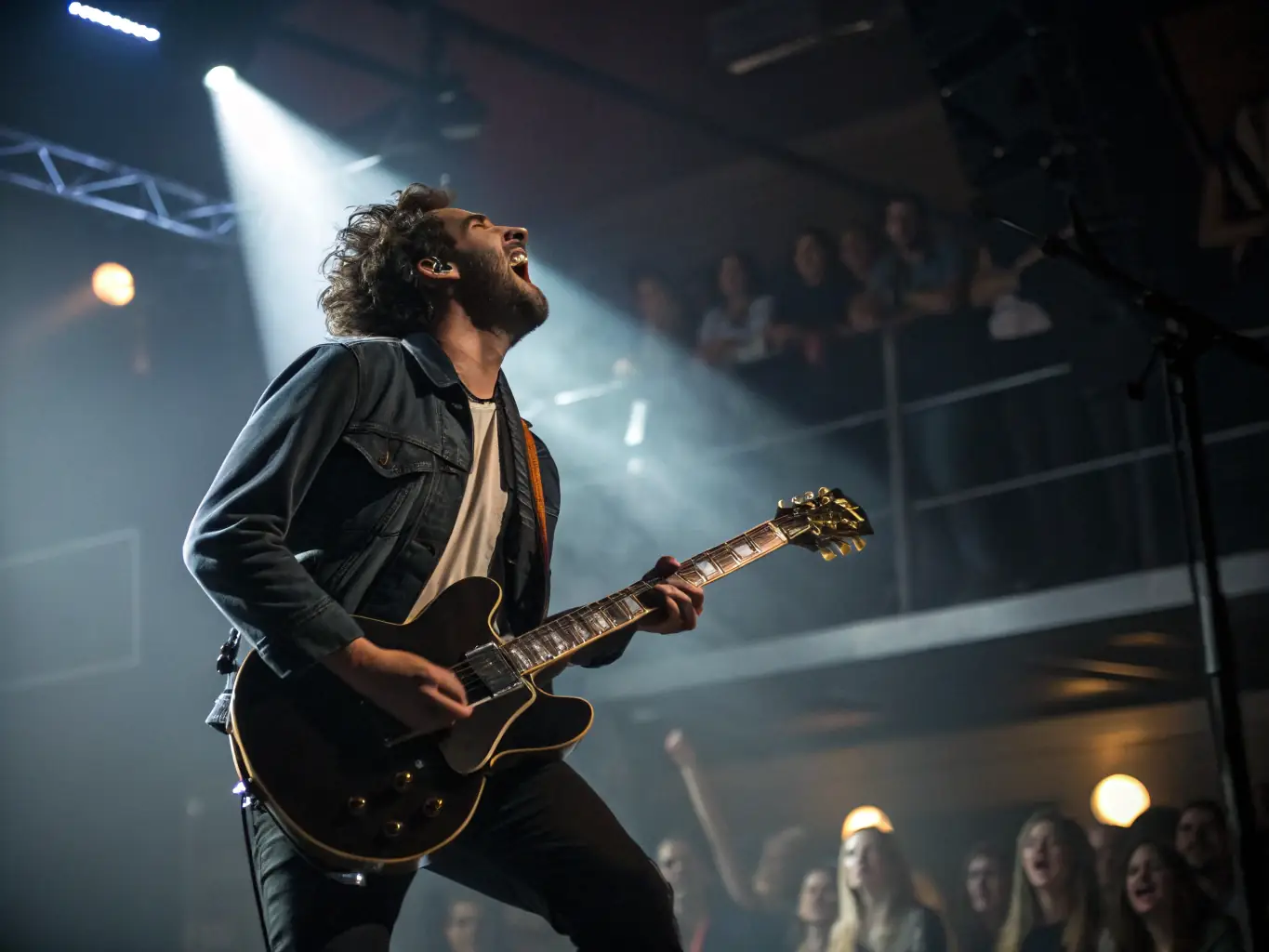 A vibrant image of a local musician performing on stage at a LA RENGAINE DU ROCK event, showcasing the energy and community support.