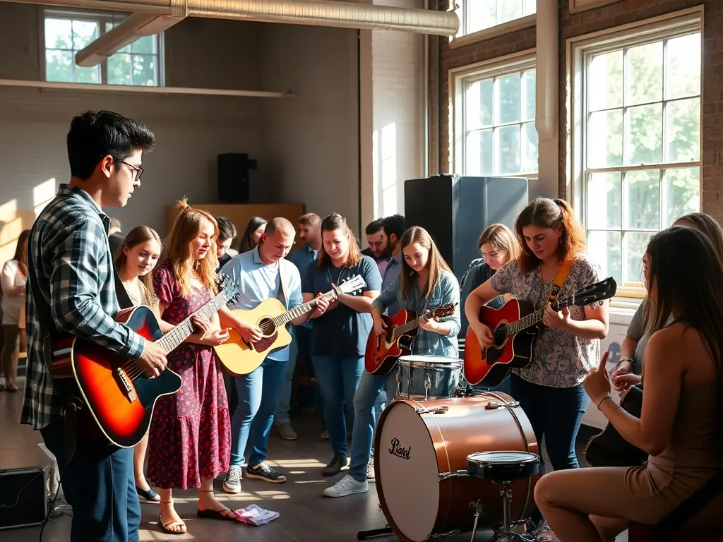 A group of musicians collaborating in a workshop setting, surrounded by instruments and learning materials.