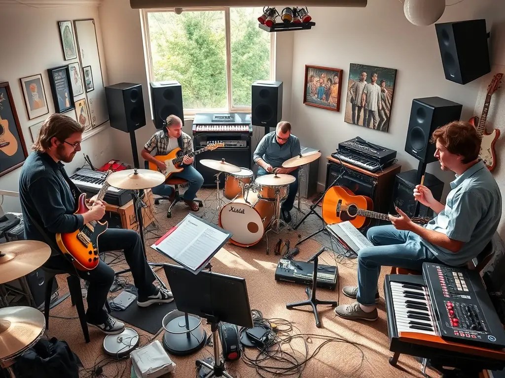 A diverse group of musicians collaborating during a songwriting workshop, showcasing the creative and supportive environment provided by LA RENGAINE DU ROCK.