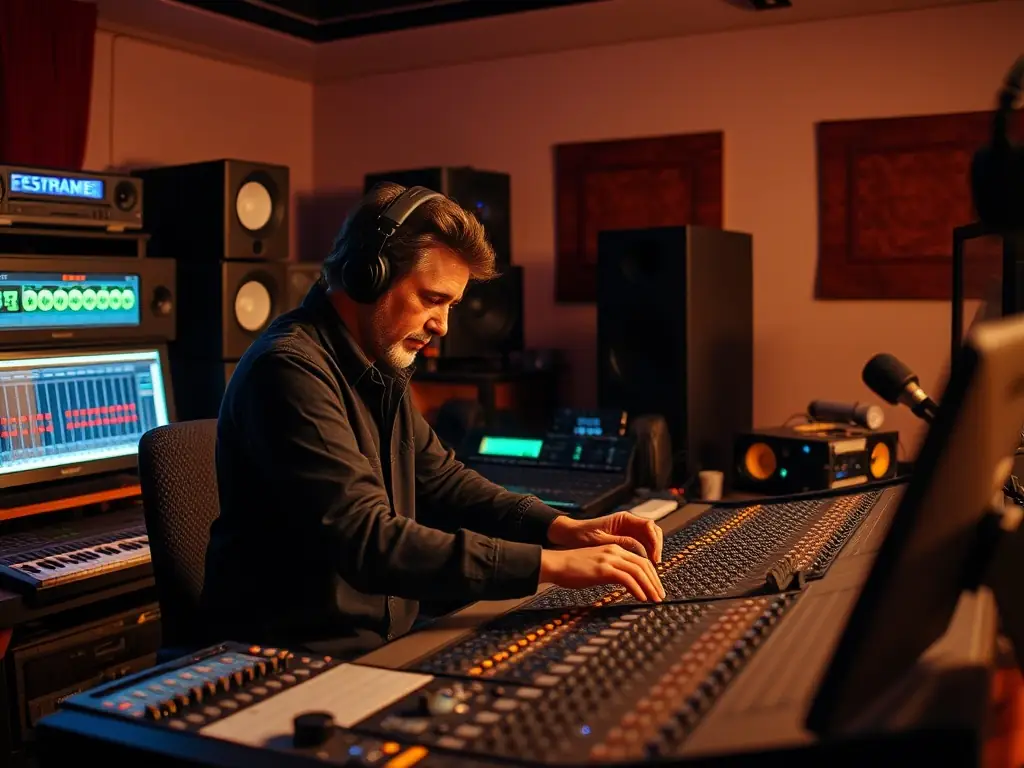 A photo of a sound engineer working with musicians during a rehearsal, with technical equipment visible.