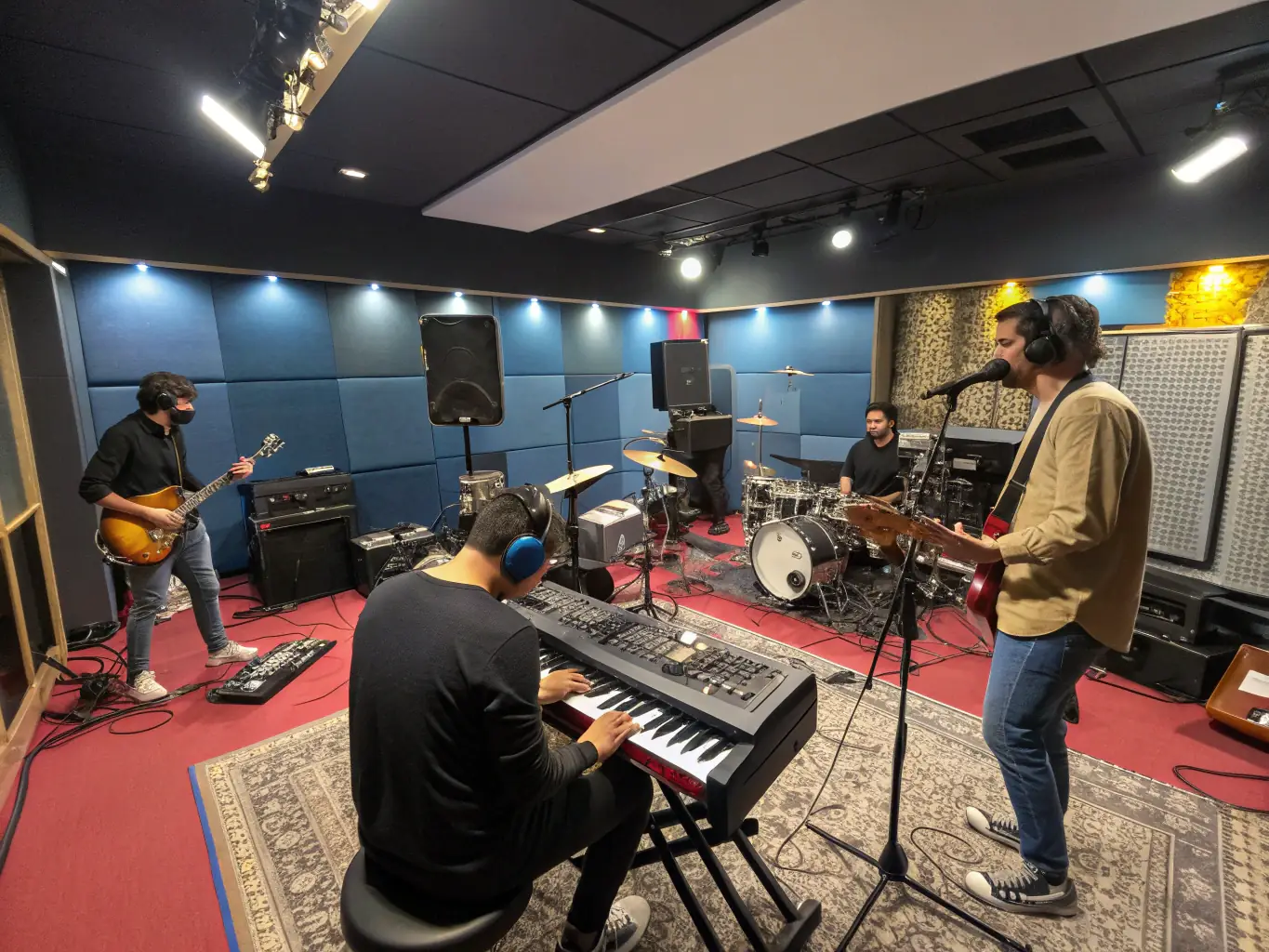 A photo of a workshop session where experienced sound engineers are providing technical assistance to musicians, demonstrating the practical support offered by LA RENGAINE DU ROCK.
