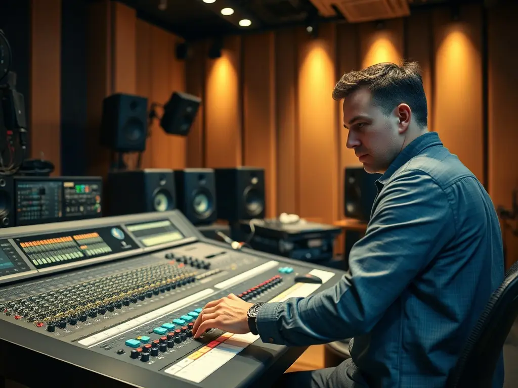 A sound engineer providing technical assistance to a musician during a recording session, emphasizing the professional guidance offered by LA RENGAINE DU ROCK.