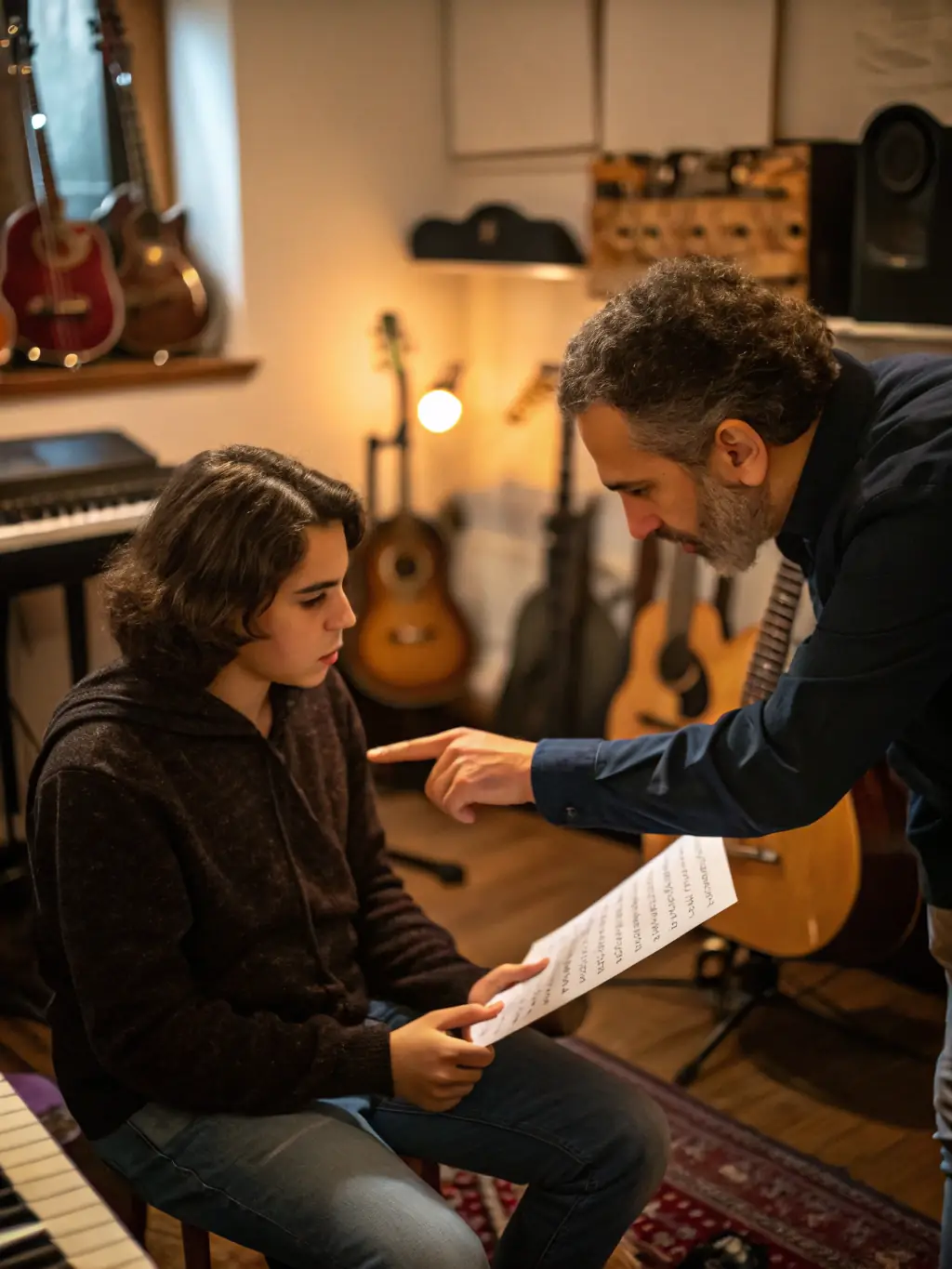 A musician receiving personalized feedback from a mentor during a LA RENGAINE DU ROCK mentoring session, emphasizing the value of individual guidance.