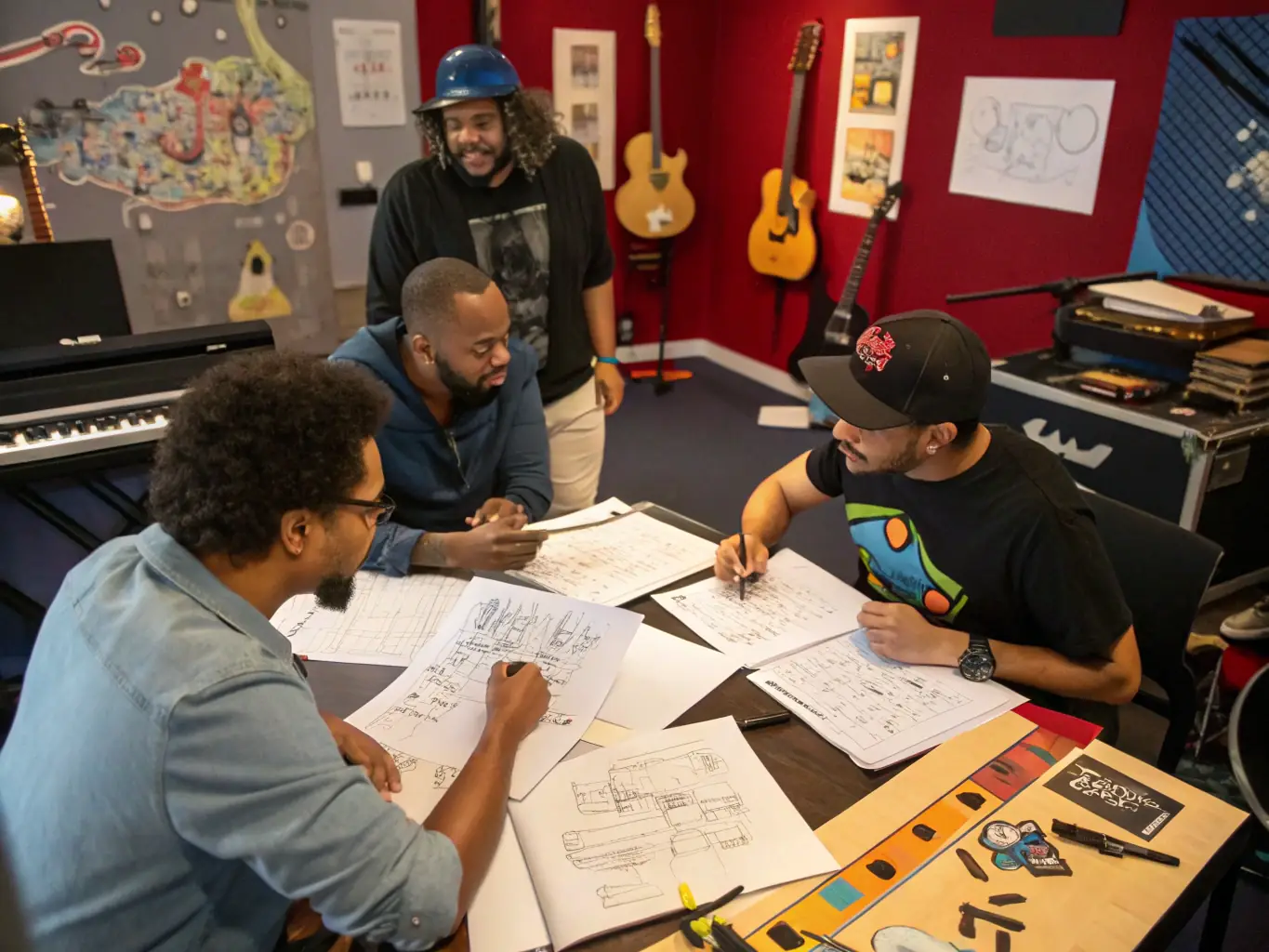 A group of musicians and industry professionals engaged in a workshop at LA RENGAINE DU ROCK, discussing strategies for career development and navigating the music industry. The atmosphere is collaborative and supportive.