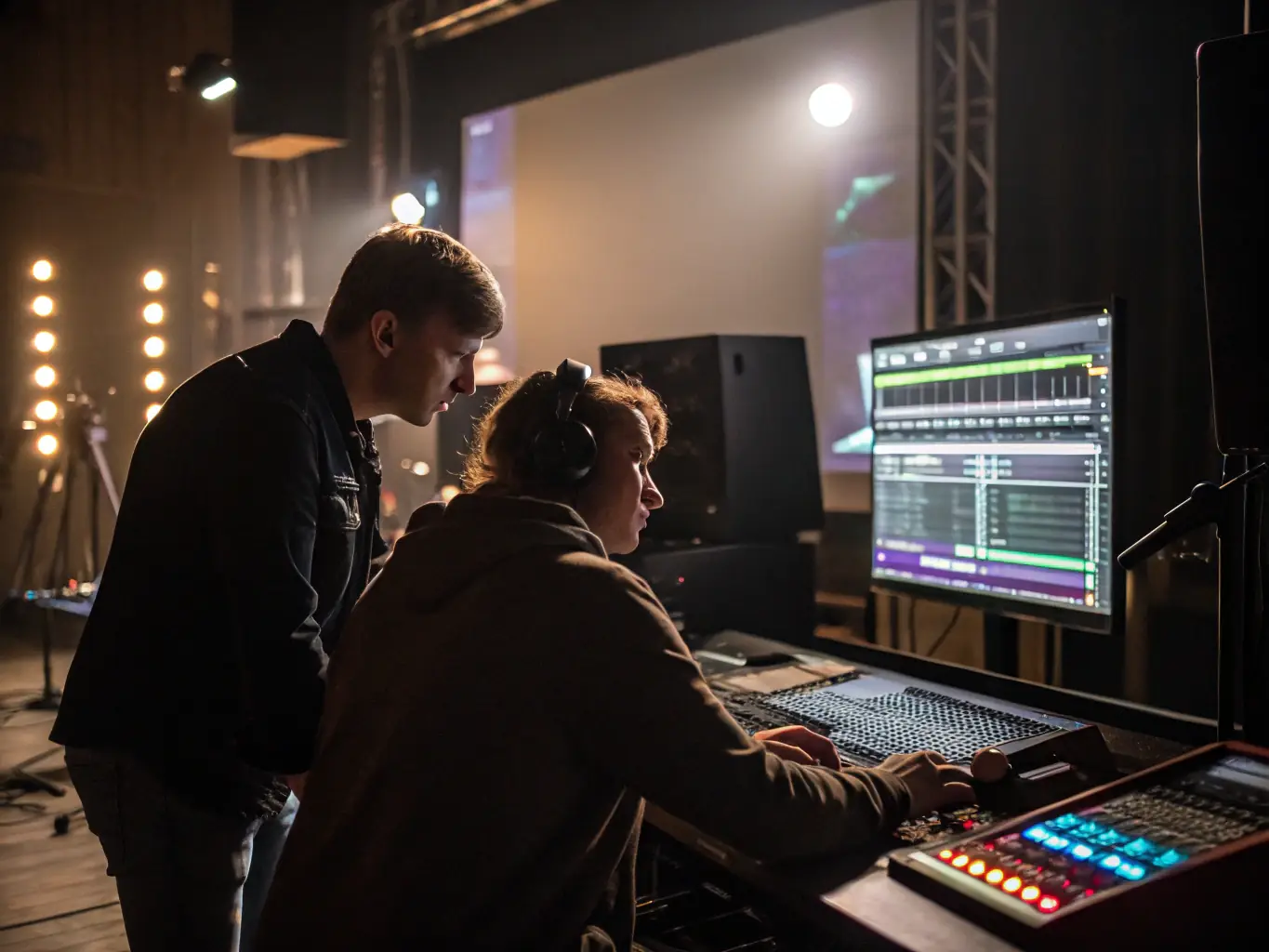 A photo of a workshop session where musicians are receiving technical assistance and professional guidance from experienced mentors.