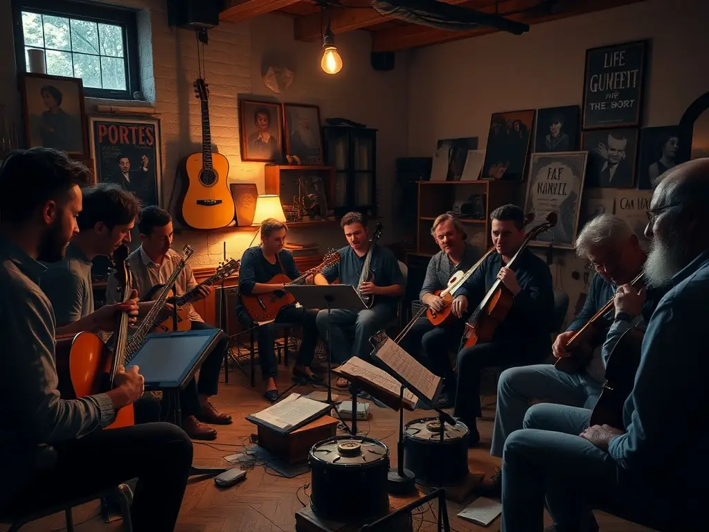 An image of community members participating in a music-related activity, such as a jam session or a collaborative songwriting workshop.