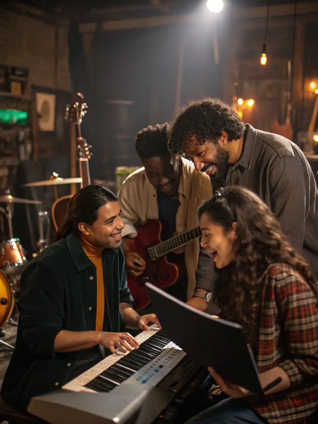 A diverse group of musicians collaborating during a LA RENGAINE DU ROCK workshop, showcasing the supportive environment and skill-building opportunities.