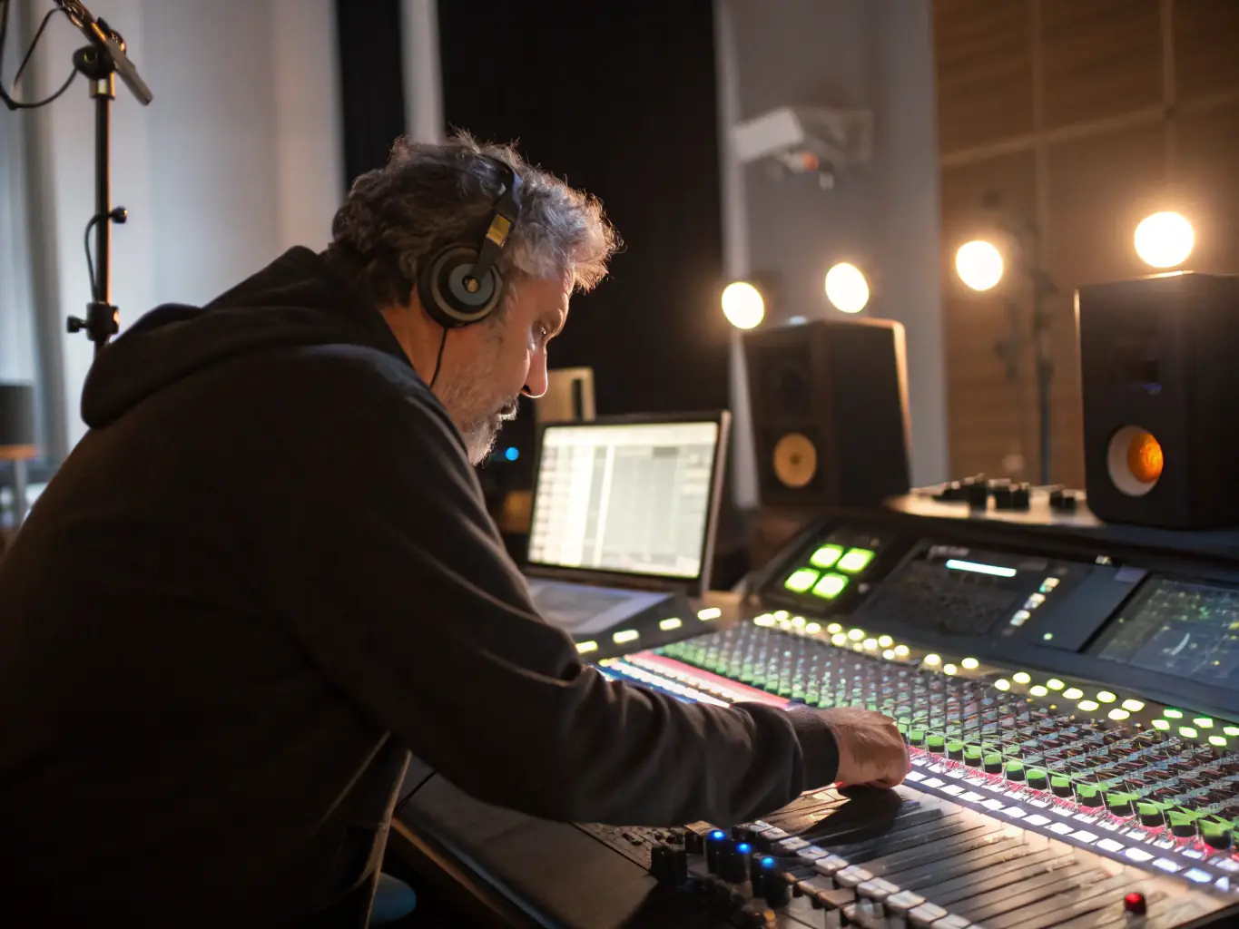 A focused shot of a sound engineer providing technical assistance to a musician during a sound check at a LA RENGAINE DU ROCK event. The engineer is adjusting settings on a mixing console, ensuring optimal sound quality.